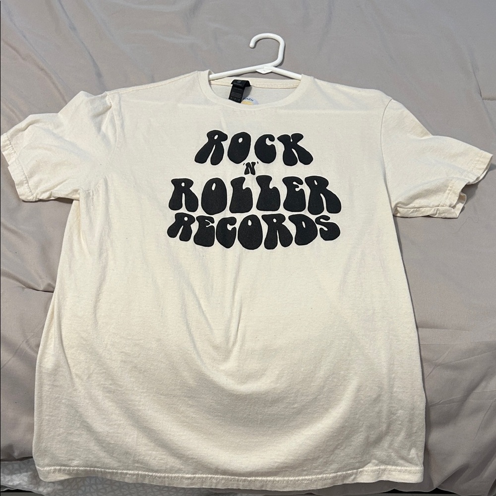 Anvil White Tee with Black Rock N Roller Records Graphic